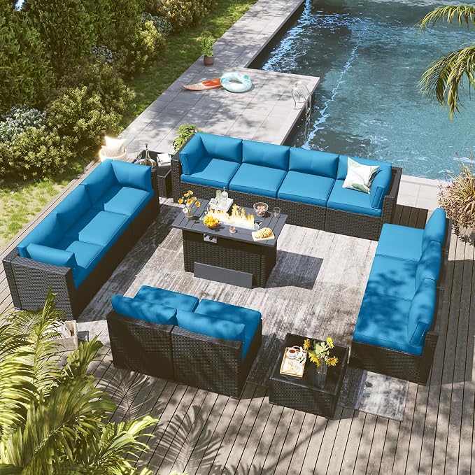 LazySunsets 15 Piece Outdoor Patio Furniture Set with 44'' Fire Pit Table, Outdoor Patio Furniture Set with Thicken Cushion, Wicker Rattan Outdoor Conversation Set for Backyard & Garden, Peacock Blue