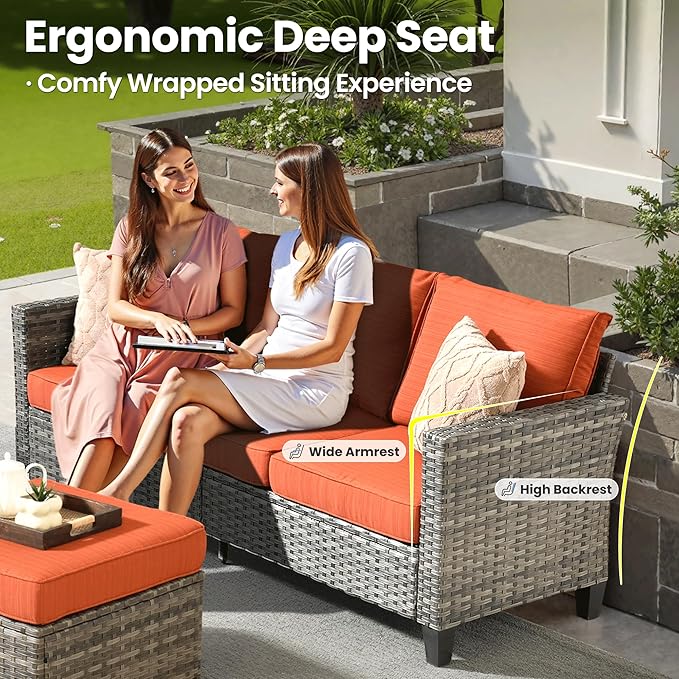ovios 5 Pieces Patio Furniture Set, Outdoor Wicker Rattan Sofa Couch with 42" Fire Pit Table, Loveseat Chairs, Conversation Sets for Yard Porch Garden, Orange Red
