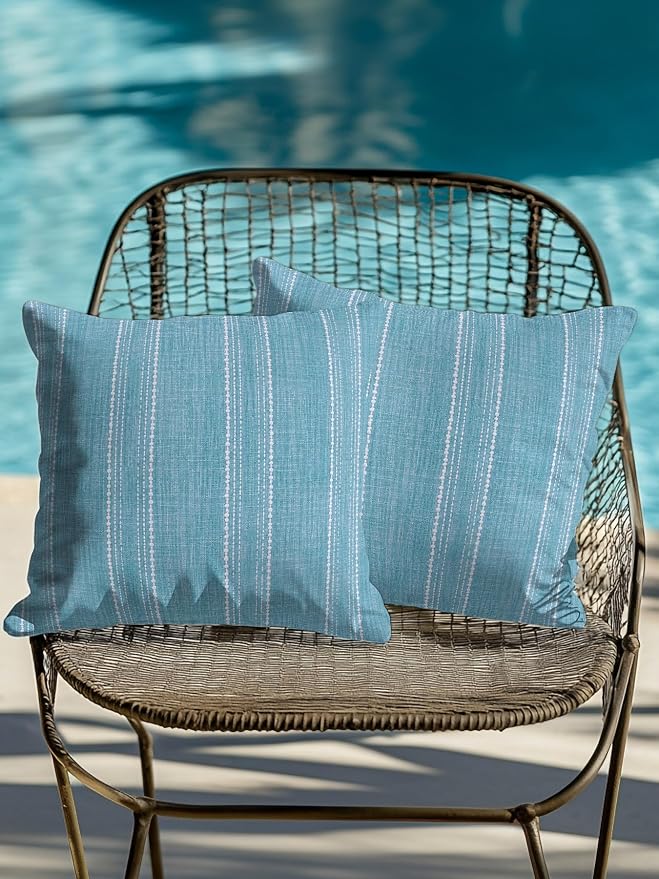 Waterproof Outdoor Pillow Set of 2 Blue Linen Stripes Decorative Throw Pillows Cover & Insert 16x16 Inch Pillowcase Parallel Vertical Lines Pillows for Couch Sofa Bed Patio Furniture Indoor Outdoor