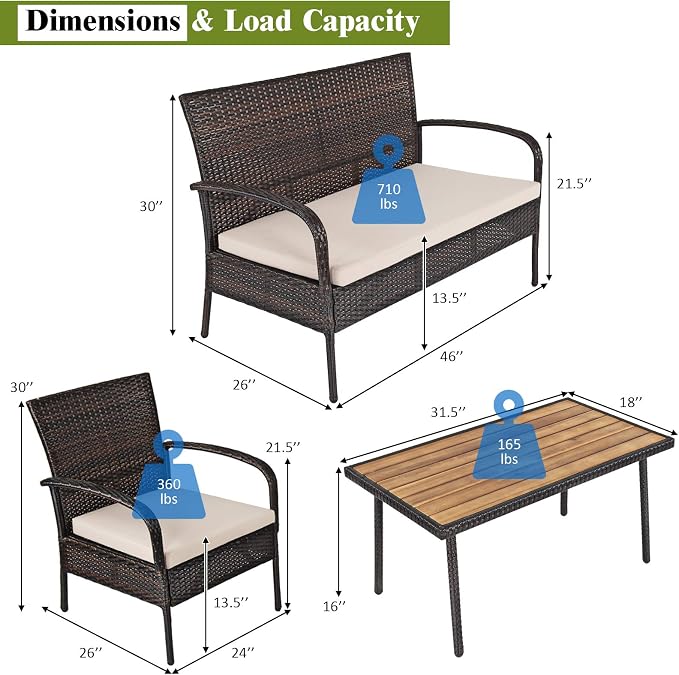 Tangkula 4 PCS Patio Rattan Furniture Set, Outdoor Conversation Set w/Cushions & Acacia Wood Coffee Tabletop, Sectional Sofa Set for Garden, Backyard, Poolside (1, Brown)