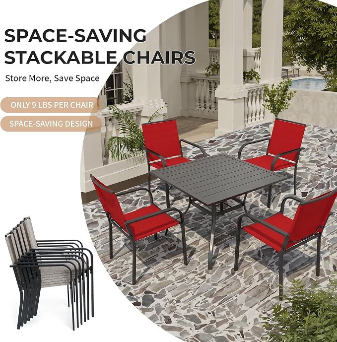 Anmutig 5 Piece Patio Dining Set, Outdoor Stackable Chairs and 35" Square Metal Patio Table with 1.57" Umbrella Hole for Garden Backyard Deck, Red