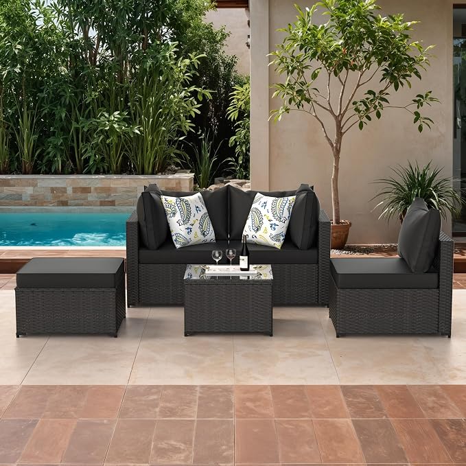 GOJOOASIS Patio Furniture Set Outdoor Sectional Sofa with Ottoman Wicker Couch Rattan Modular Seating Conversation Sets Porch Decor for Backyard, Balcony, Garden (Black)