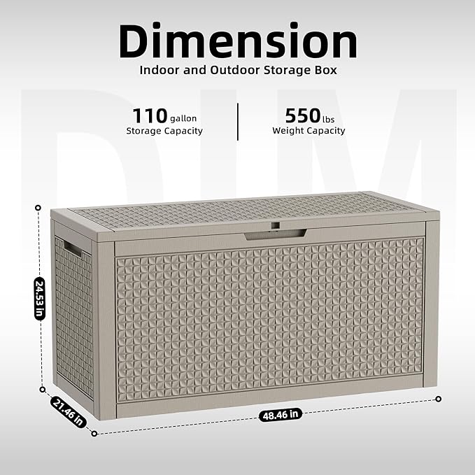 121 Gallon Outdoor Storage Box, New Classic Deck Box with Hydraulic Lid, Durable Waterproof Resin Storage Bin for Patio Furniture, Garden Tools, Cushions, Pool Accessories, Grey