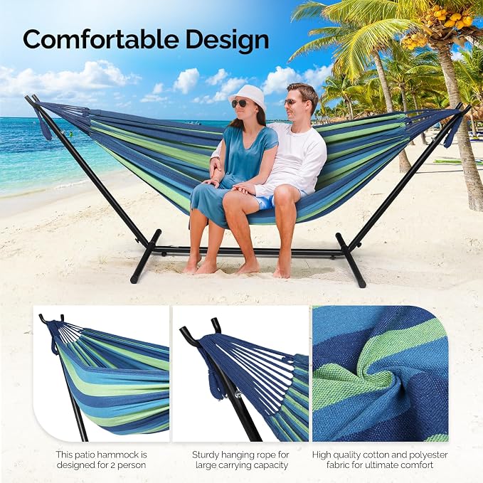 ONCLOUD 550 LBS Capacity Double Hammock with Stand Included with Portable Carrying Bag, Heavy Duty 2-Person Hammock for Outdoors & Indoors - Desert Stripe, Series TDCTZ1 - Blue Green Stripe