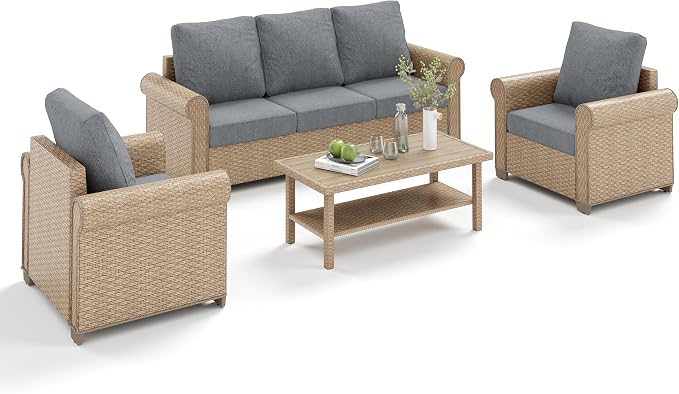 MIXPATIO Patio Furniture Set 4 pcs, Wicker Outdoor Patio Furniture, 3-Seat Sofa, 2 Single Chairs and Coffee Table, Rattan Patio Conversation Set for Backyard Deck, Grey