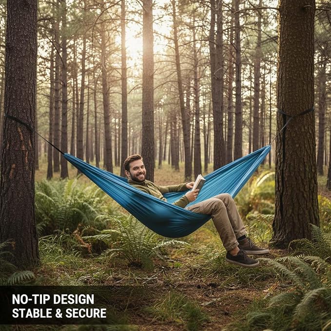 Portable Camping Hammock, Double Hammock for Outdoor Travel and Hiking, Lightweight Hammock with Tree Straps, Hammock Chair for Patio Garden