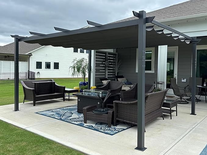 PURPLE LEAF 12' X 16' Outdoor Pergola with Retractable Canopy Aluminum Shelter for Porch Garden Beach Sun Shade Pavilion Grape Trellis Grill Gazebo Modern Backyard Deck Metal Patio Pergola Gray