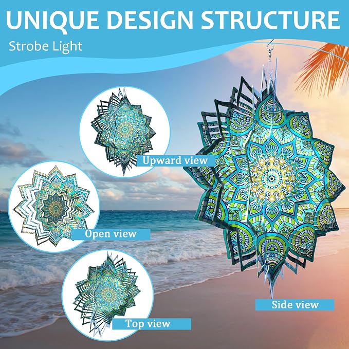 Wind Spinner Mandala Peacock Flower,12Inch Stainless Steel Wind Spinners Outdoor,Garden Decor,3D Kinetic Yard Art Decorations,Garden Gifts for Women Mother Father Men,Hanging Sculptures