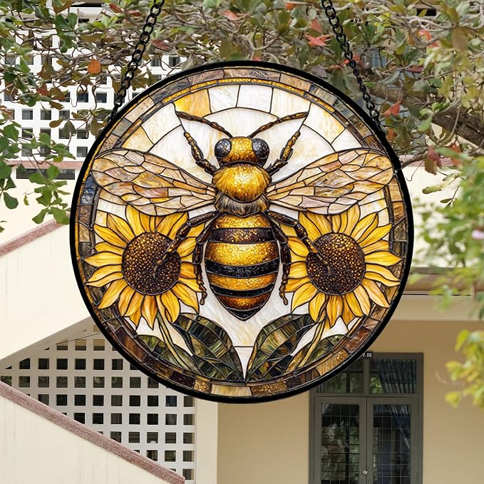 DASTOLL Stained Glass Window Hanging - Bee Sunflower Yellow Suncatcher Ready to Hang Window Doors Home Decoration and Christmas, Mother's Day Birthday Gifts for Women, Men, and Mom 14.9x14.9 in