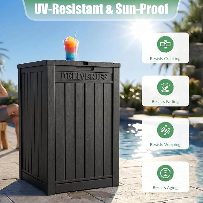 EasyUp Package Delivery Boxes for Outside, 55 Gallon Outdoor Parcel MailBox Drop Storage Deck Box Secure Resin Waterproof Lockable UV Resistant Patio Porch Mail Black