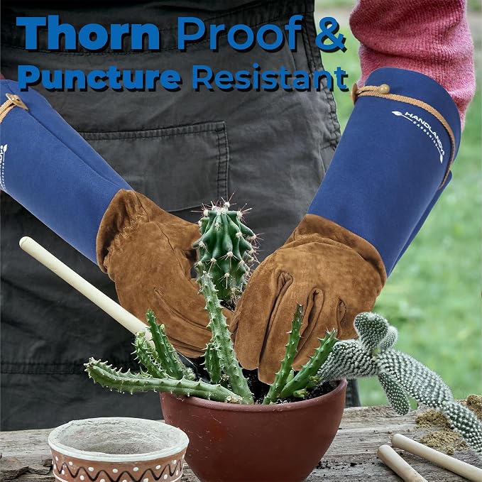HANDLANDY Rose Pruning Gloves for Men Women, Thorn Proof Gardening Gloves | Long Leather Gardening Gloves, Breathable Leather Gauntlet, Best Garden Gifts & Tools for Gardener (Blue, S)