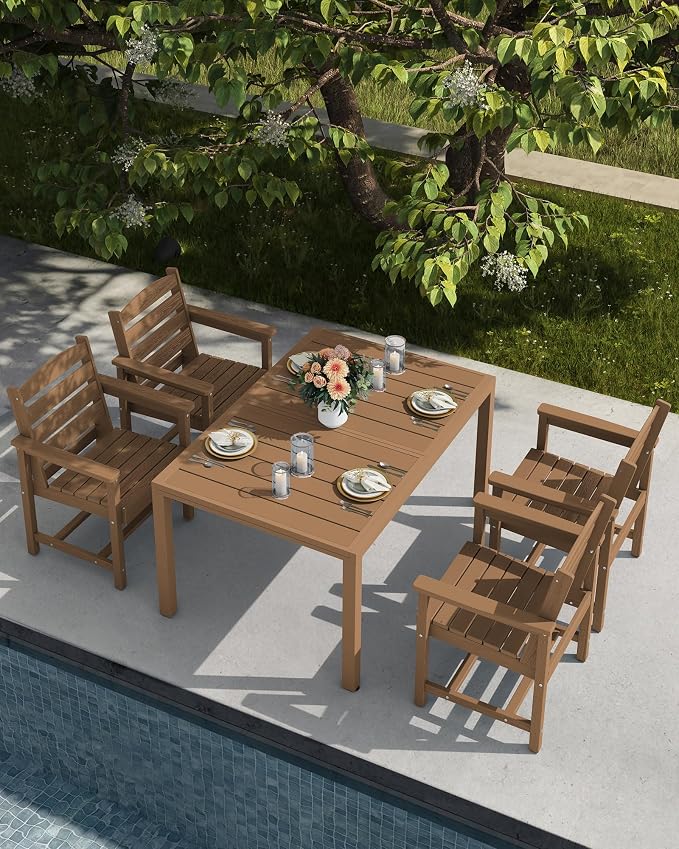 SERWALL HDPE and Aluminum Outdoor Dining Set for 8, Brown | 60" - 83" Expandable Outdoor Dining Table and 8 HDPE Chairs, All Weather Outdoor Furniture Set