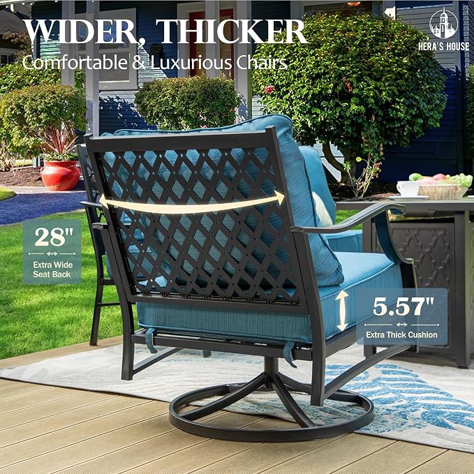 HERA'S HOUSE 6 Piece Patio Furniture Set, 2 x Swivel Cushioned Chair, 2 x Cushioned Ottoman, 1 x 3-Seat Sofa with Marbling Coffee Table, Outdoor Conversation Set for Lawn Garden Backyard, Pacific Blue