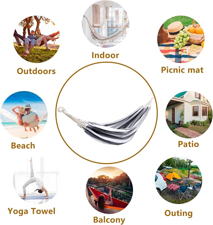 Double Hammock Brazilian Hammocks with Portable Carrying Bag,Soft Woven Fabric, Up to 450 Lbs Hanging for Patio,Trees,Garden,Backyard,Porch,Outdoor and Indoor XXX-Large Grey&White Stripe