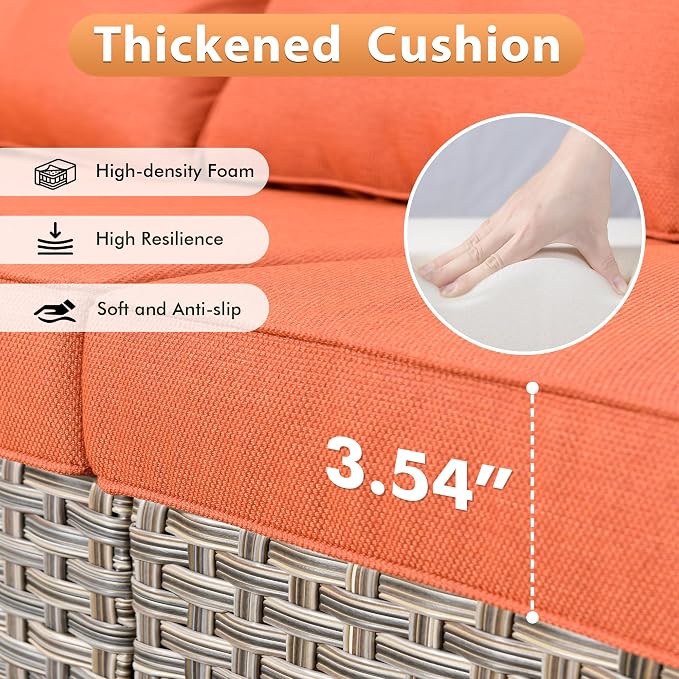 9 PCS Outdoor Patio Furniture Sets,Patio Conversation Sets Outside Rattan Soft Cushion Sofa with 2 Wicker Rocking Chairs & 54 in Fire Pit Table Fit Backyard Porch Garden Poolside Balcony,Orange Red