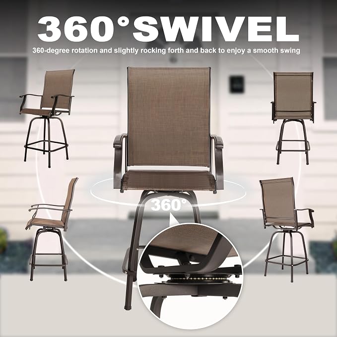 NUU GARDEN 5 Piece Patio Bar Set with Glass Table and 4 Swivel Chairs,Black&Brown