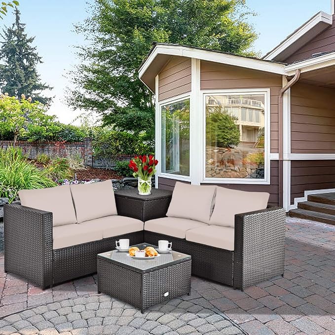 HAPPYGRILL 4PCS Patio Furniture Set Outdoor Rattan Wicker Sofa Set Conversation Set with Cushions & Storage Side Table Coffee Table for Garden Lawn Poolside Backyard