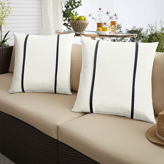 Sorra Home x Sunbrella - Indoor/Outdoor Square Pillows (Set of 2), Canvas Natural Ivory & Navy Blue