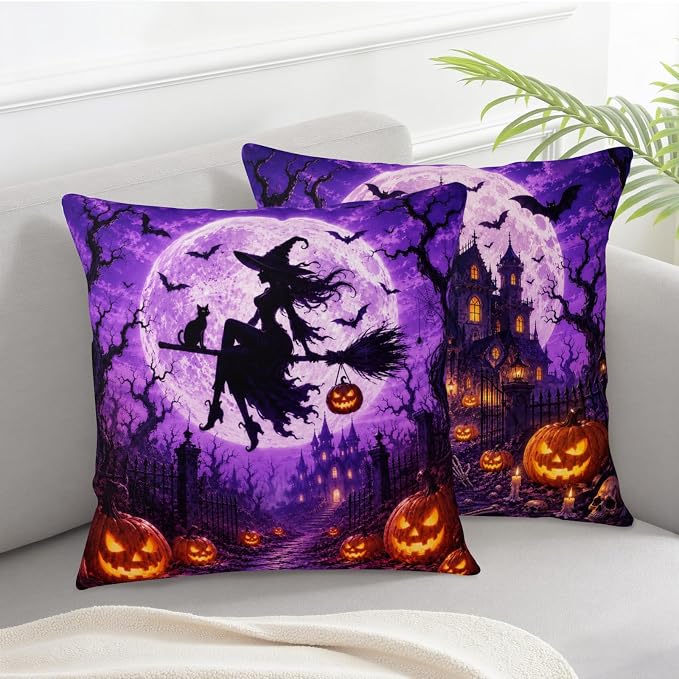 Purple Halloween Pillow Covers 16x16 Set of 2 Full Moon Night Castle Witch Throw Pillow Covers Bat Jack-O-Lantern Decorative Pillowcase for Couch Sofa Indoor Outdoor