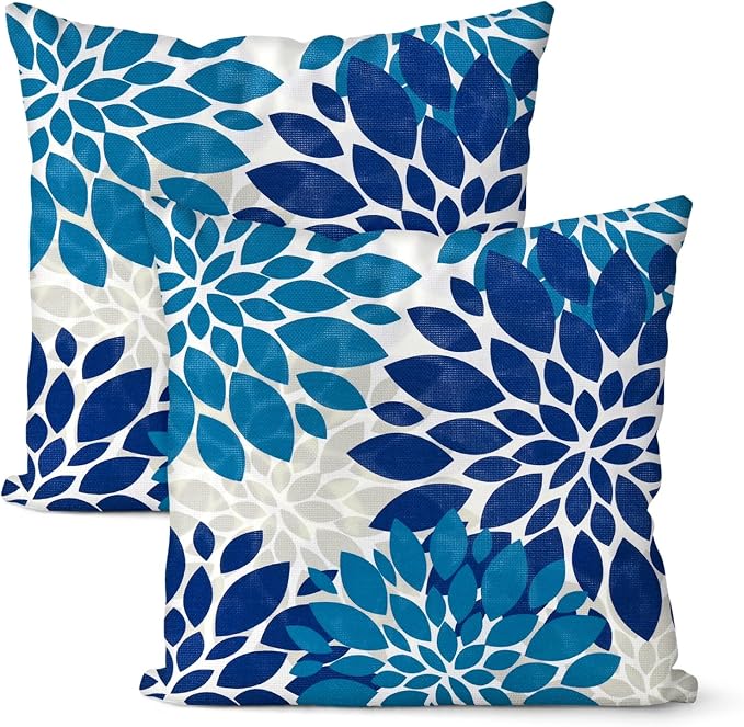 M METERXITY 2-Pack Pillow Cover 17x17 Linen, Blue Green Gray | Water Resistant Floral Decor Slipcover, for Patio, Balcony, Garden, Outdoor Pillow Case