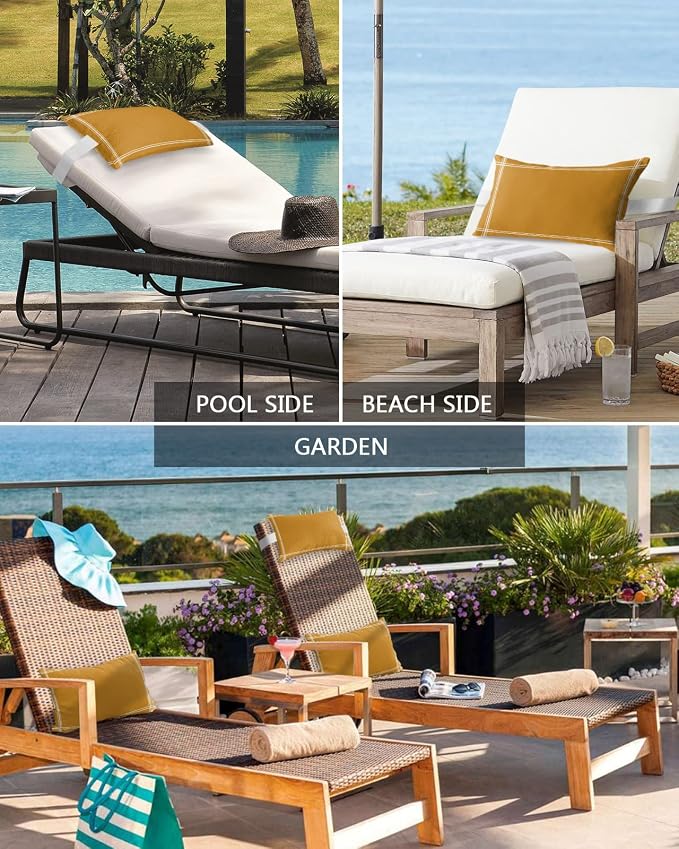 T&H XHome Outdoor Pillow for Chaise Lounge Chair, Solid Color Ginger Waterproof Headrest Pillow Lumbar Pillows with Insert & Adjustable Elastic Strap for Beach, Poolside, Patio, Office (2 Pack)
