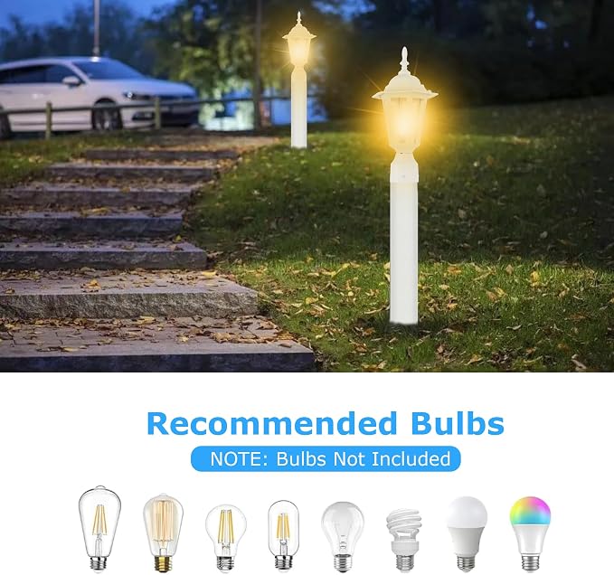 Outdoor Post Light, Rustproof Aluminum Pole Lamp, White | Exterior Lamp Post Light Fixture for Garden, Yard, Pathway, Waterproof, Glass, E26 Base, Max 60W, 2 Pack