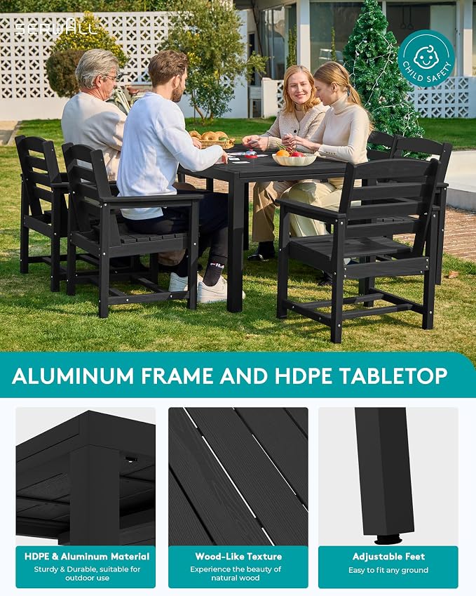 SERWALL HDPE and Aluminum Outdoor Dining Set for 8, Black | 60" - 83" Expandable Outdoor Dining Table and 8 HDPE Chairs, All Weather Outdoor Furniture Set