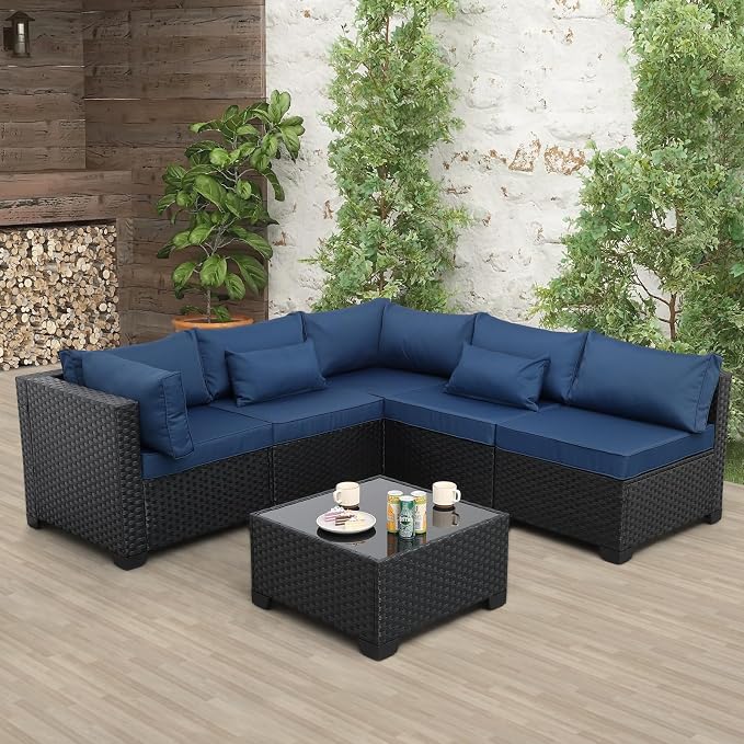 Rattaner Patio Sectional 6 Pieces All-Weather Wicker Patio Furniture Set Outdoor Sectional with Glass Table Non-Slip Cushions and Waterproof Cover, Navy Blue