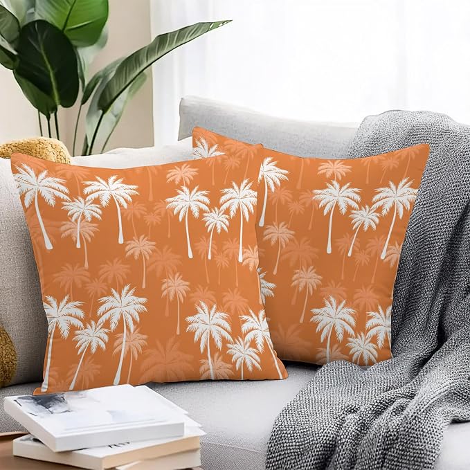 Throw Pillow Covers 24x24 Inch Set of 2, Tropical Palm Tree Waterproof Outdoor Pillow Covers, Orange White Plants Coastal Leaf Beach Decorative Cushion Pillowcases for Couch, Sofa, Bed, Garden, Patio