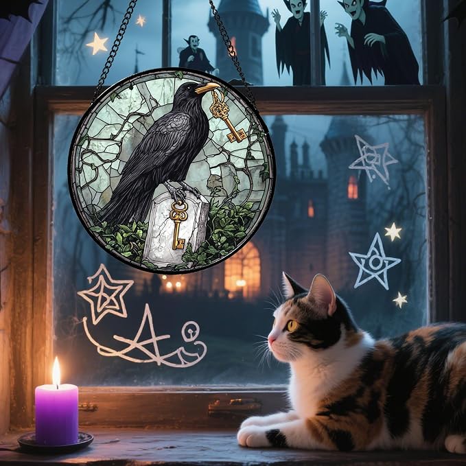 Stained Glass Window Hanging - Halloween Crow Holding A Key Suncatcher for Doors Garden Home Spooky Green Vines Sun Catchers Gothic Decor Horror Gift for Women Men Friend Boy Girl 7.8 in
