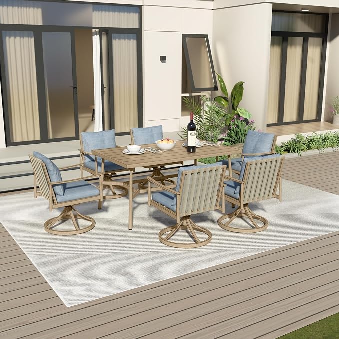 7-Piece Outdoor Dining Set for 6, Aluminum Dining Set with Cushions, 6 Swivel Chairs with Rope Backrest, Large Rectangular Table with Umbrella Hole, Patio Dining Set for Lawn Porch Yard,Brown