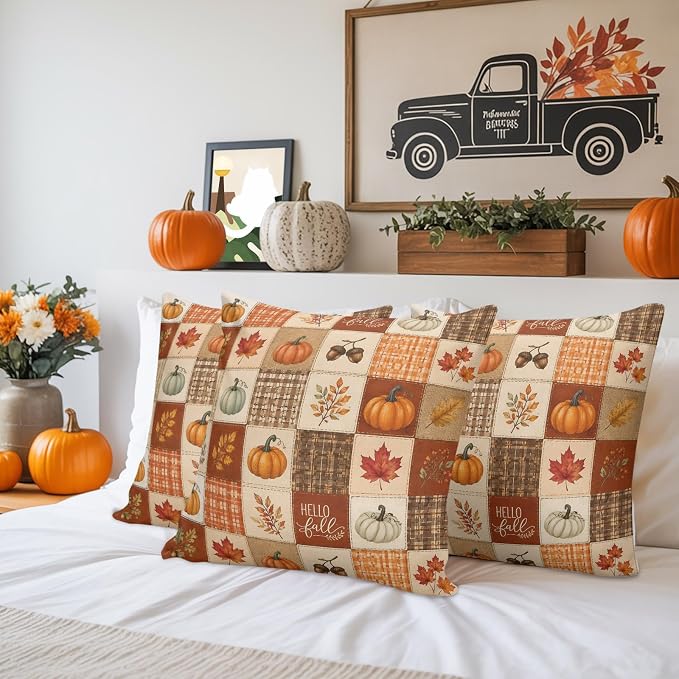 Thanksgiving Checked Throw Pillow Covers 18x18 Inch Set of 2, Fall Waterproof Outdoor Pillow Covers, Pumpkins Maple Orange Checker Decorative Cushion Pillowcases for Couch, Sofa, Bed, Garden, Patio