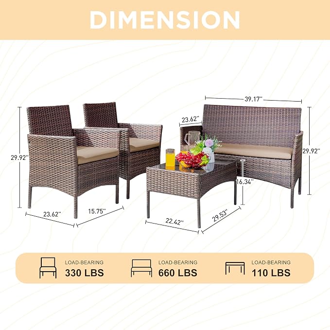 PROHIKER 4 Piece Outdoor Wicker Patio Conversation Furniture Set, Rattan Chair Wicker Sofa Garden Conversation Sets with Cushion and Glass Table for Yard Pool or Backyard, Brown/Khaki