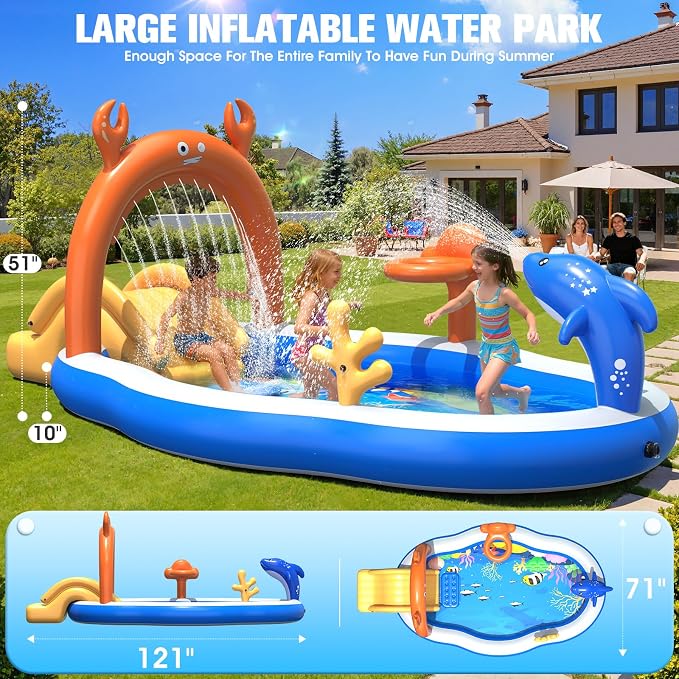 StarOcean 2026 Large Inflatable Play Center,Kiddie Pool with Water Slide&Sprinkler,121''x71"x51''Inflatable Toddler Pool with Slide,BlowUp Water Play for Toldder,Inflatable Water Park for Kid Backyard