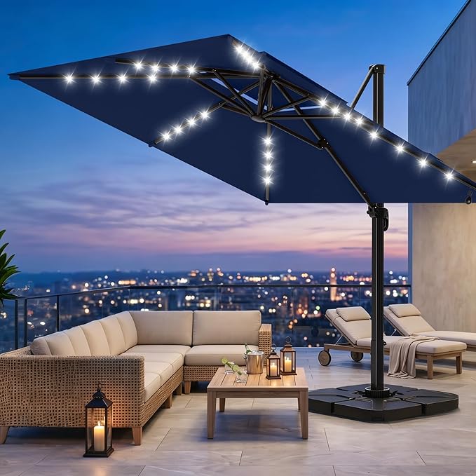 AreShark 10×10FT Solar LED Cantilever Umbrella with Base Included, Double-Top Outdoor Patio Offset with 360 Degree Rotation, Square Offset Hanging Umbrella for Garden Deck Pool, Navy