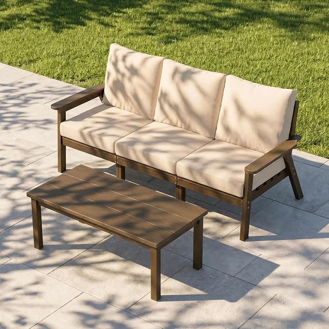 PLUUV 4-Piece HDPE Patio Sofa Set, All-Weather Outdoor Sectional Furniture with Thick Cushions, Modular Couch Set for Deck, Lawn, Brown Frame with Khaki Cushion