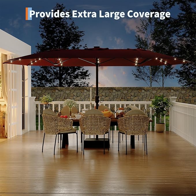 15FT Solar Patio Umbrella with 36 LED Lights, Weighted Base Included, Tilt and Crank Market Umbrella for Backyard, Garden, Deck, Pool, Beach