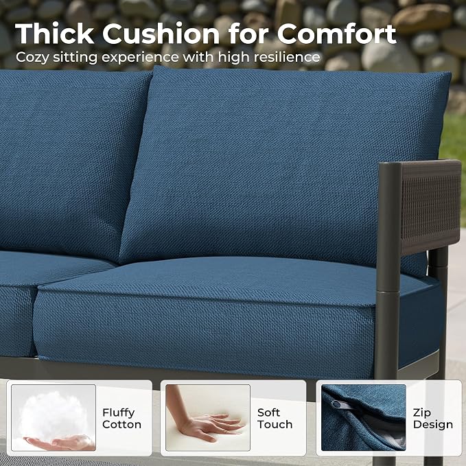 Gand Patio Outdoor Loveseat, Wicker Conversation Set with Thick Cushion for Porch, Garden, Yard, Peacock Blue