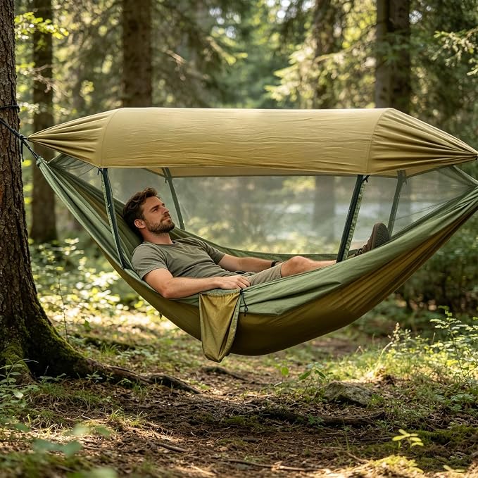 Camping Hammock with Canopy Anti Roll Widened 300kg Capacity Tree Hammock for Backyard Lounging Backpacking Open Air Activities