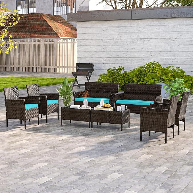 4 Piece Patio Furniture Set, Sectional Conversation Sofa Set with Glass Coffee Table, Cushions & Loveseat, Wicker Outdoor Table and Chairs for Pool, Garden, Deck, Backyard (2, Turquoise)