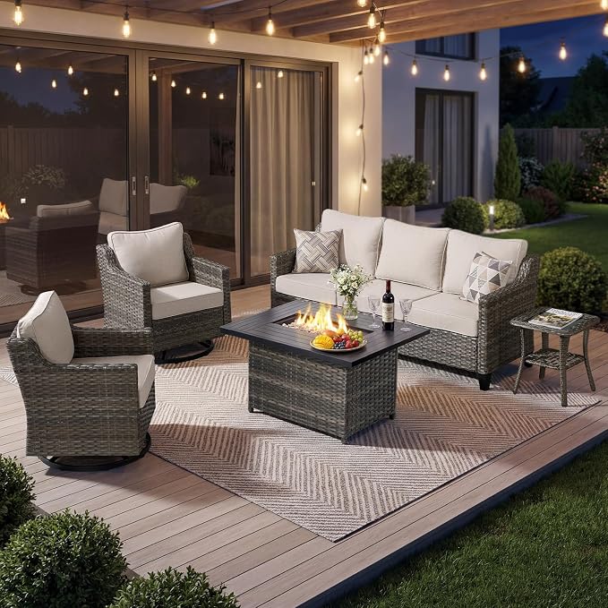 Luxury Patio Furniture Fire Pit Table Set - 5 Pieces All Weather Wicker Outdoor Couch and High Back Swivel Rocker Patio Chairs with fire pit for Deck Yard and Poolside Gray Wicker | Beige Cushions