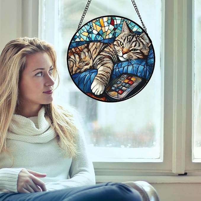 DASTOLL Stained Glass Window Hanging Gray Cat and Remote Control Large 15" - Suncatcher Door Garden Kitchen Sun Catcher Home Decor Birthday for Lost Pets Mom Men Woman Friend Grandma
