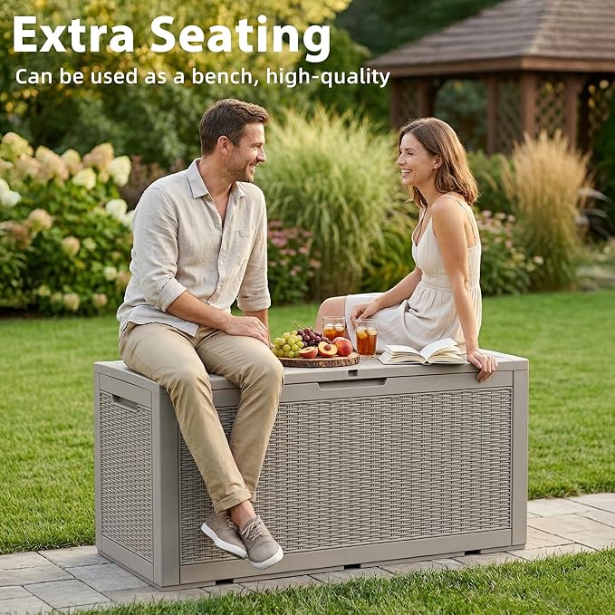 Waterproof Outdoor Storage Box, 125 Gallon Lockable Deck Box, UV-Resistant Outside Storage Bin With Hydraulic Lid For Patio Furniture, Cushion Organizer, Garden Tools, Pool Accessories,Grey