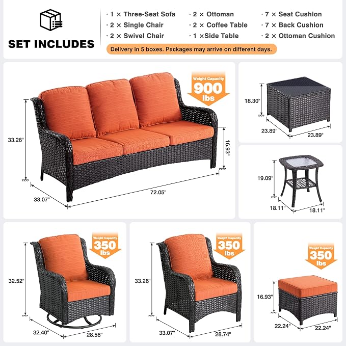 ovios 10 Pieces Patio Furniture Set with Swivel Rocking Chairs, Outdoor Wicker Sofa Couch Comfy Cushions, All Weather High Back Modern Conversation Set, Brown Rattan, Orange Red