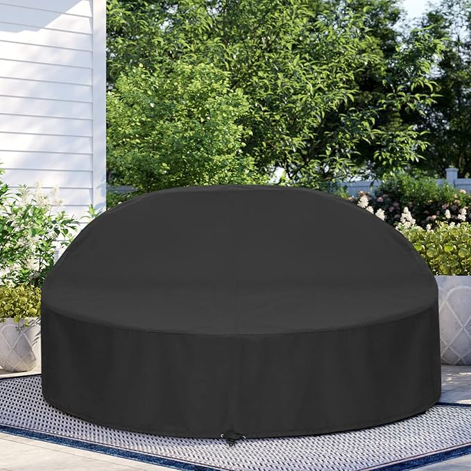 SunPatio Outdoor Daybed Cover, Heavy Duty Waterproof Round Canopy Sofa Bed Cover with Taped Seam, Patio Furniture Set Protector, All Weather Protection, 75" Dia x 35"/16”H, Black