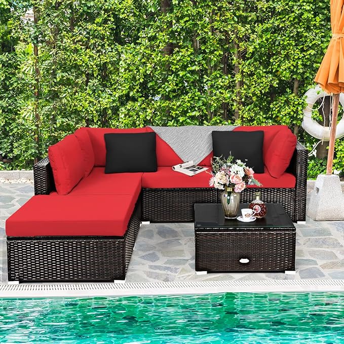 Tangkula 6 Piece Patio Furniture Set, Outdoor Deck Lawn Backyard Sectional Sofa with Coffee Table, Durable Steel Frame PE Rattan Wicker Conversation Set (Red)