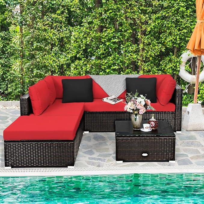 RELAX4LIFE 6-Piece Patio Sofa Set - Outdoor Sectional Sofa Set Wicker Conversation Set w/Table & Removable Cushions, Modular Sofa Set Patio Furniture for Backyard, Poolside, Balcony (Red)