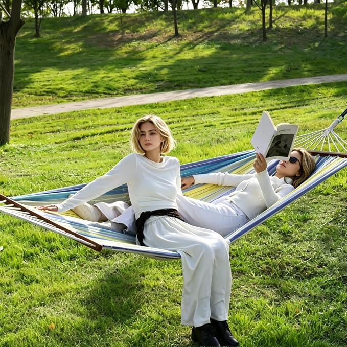 Lazy Daze Hammocks Cotton Fabric Double Hammock with 55" Spreader Bar, Portable Camping Hammock with Carrying Bag & Tree Straps for Patio, Backyard, Balcony, 450lbs Capacity, Blue & Yellow