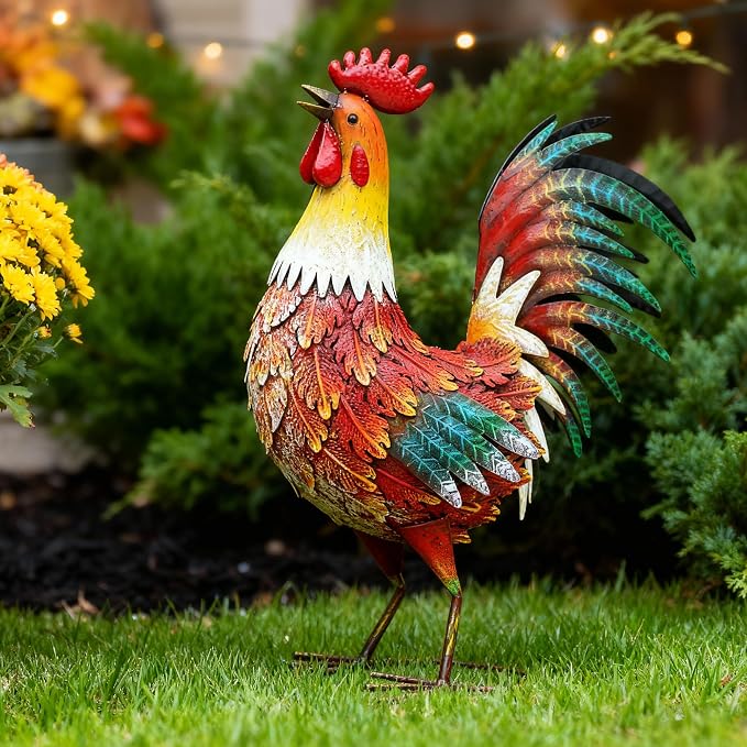 Metal Rooster Yard Decor, 21" Outdoor Garden Statues for Patio | Durable Metal with Hand-Painted Finish, Farmhouse Rooster Chicken Decor for Yard, Garden, Patio, Porch & Kitchen