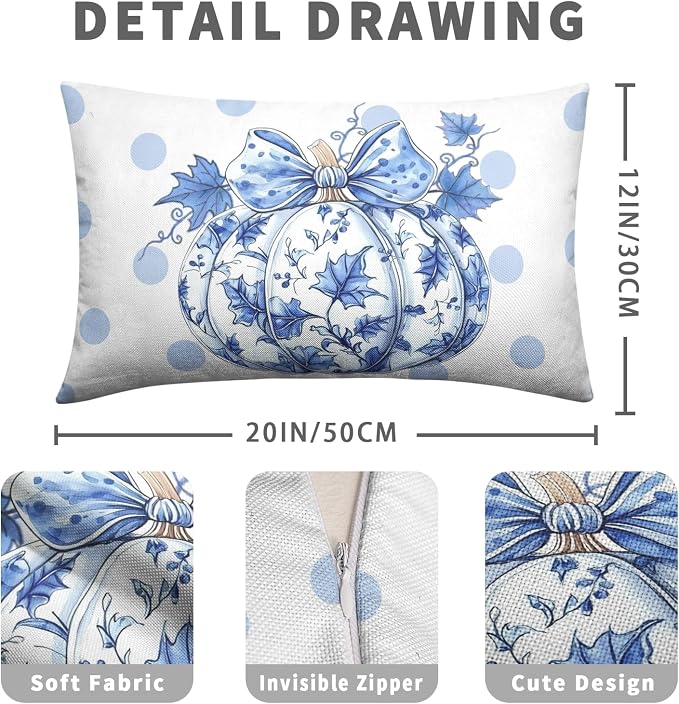 Fall Lumbar Pillow Covers Blue and White Porcelain Maple Leaf Pumpkin Throw Pillow Covers 12x20 Set of 2 Autumn Blue Polka Dot Pillowcase Thanksgiving Cushion Case for Couch Sofa